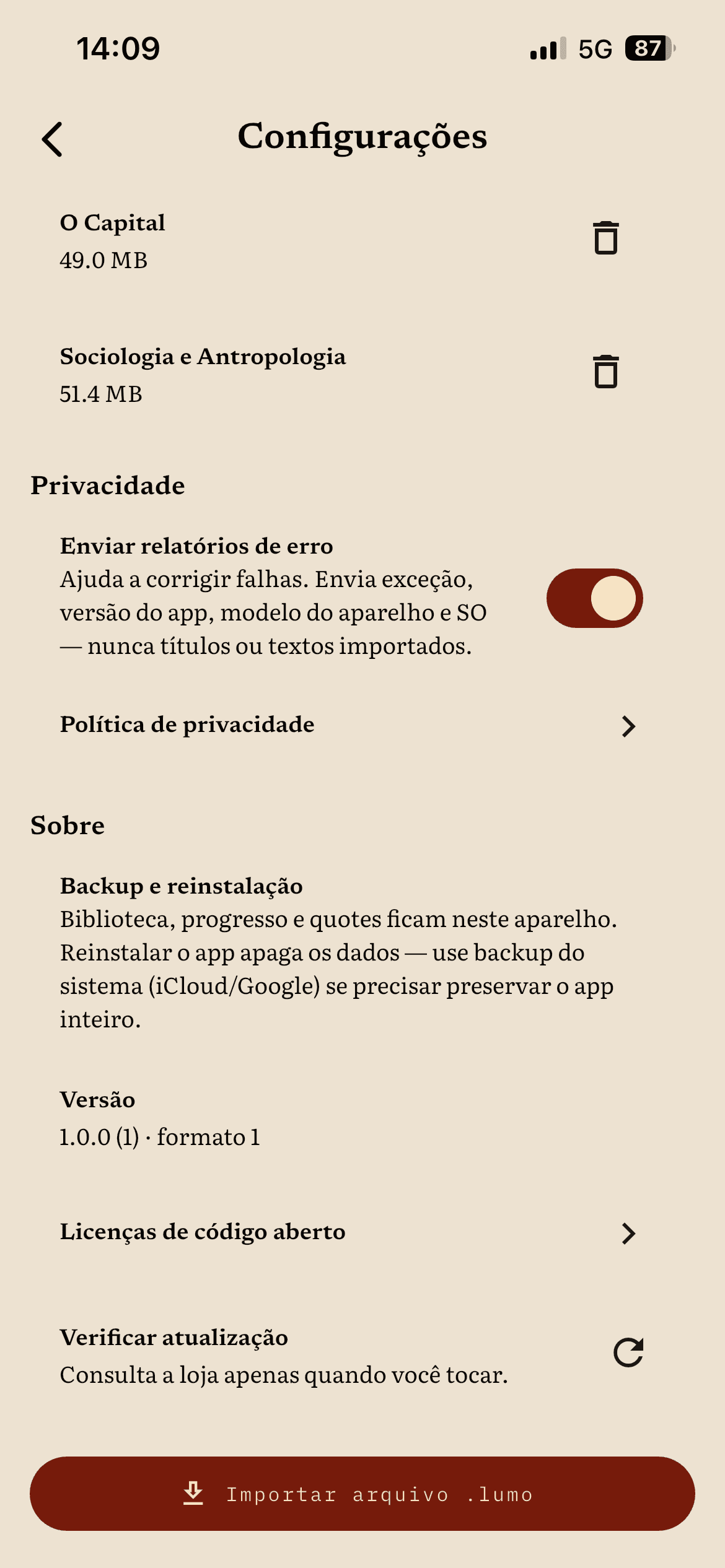 Configurações do Lumo: aparência, armazenamento e privacidade